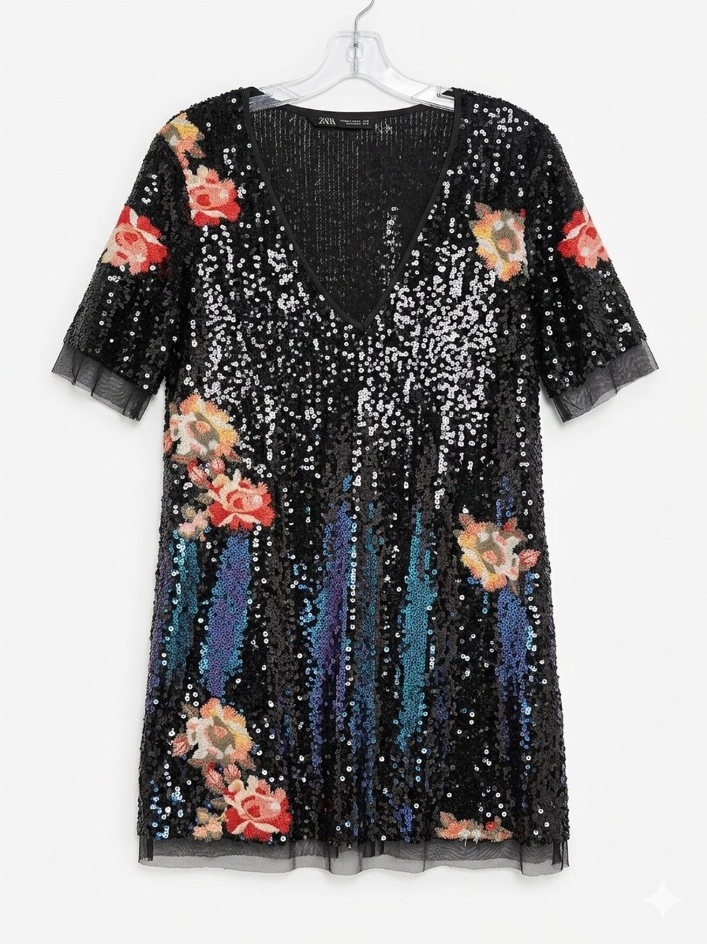 Zara Black Sequin Mini Dress with Embroidered Flowers